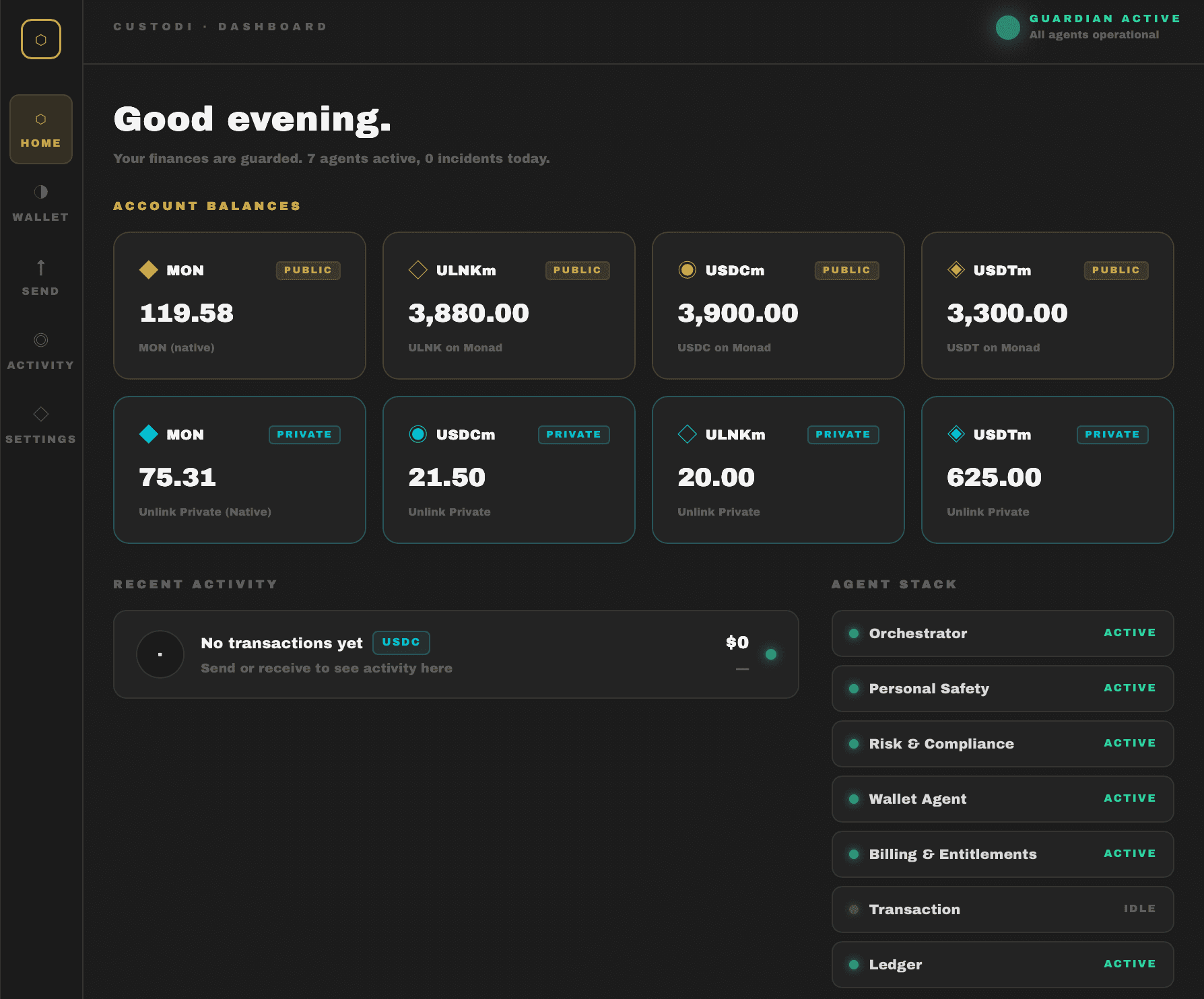 Custodi dashboard — account balances and agent stack